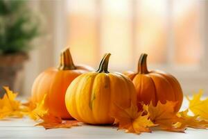 Decorative pumpkin background and dry autumn leaves on wooden arrangement indoors. Halloween concept by AI generated photo