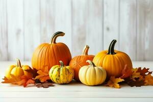 decorativo calabaza antecedentes y seco otoño hojas en de madera arreglo adentro. Víspera de Todos los Santos concepto por ai generado foto