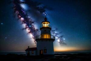 a lighthouse with stars in the sky and a milky. AI-Generated photo