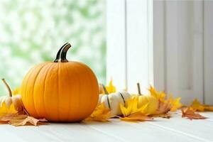 Decorative pumpkin background and dry autumn leaves on wooden arrangement indoors. Halloween concept by AI generated photo