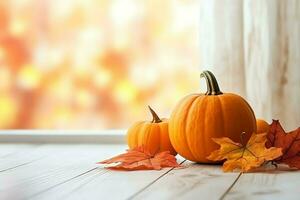 Decorative pumpkin background and dry autumn leaves on wooden arrangement indoors. Halloween concept by AI generated photo