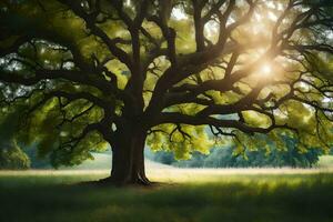 the sun shines through the leaves of an oak tree. AI-Generated photo