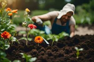 un hombre es trabajando en el jardín con flores generado por ai foto