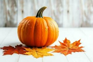 Decorative pumpkin background and dry autumn leaves on wooden arrangement indoors. Halloween concept by AI generated photo