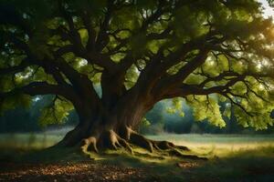 an old oak tree in the middle of a field. AI-Generated photo
