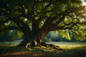 an old oak tree in the middle of a field. AI-Generated photo