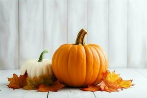 Decorative pumpkin background and dry autumn leaves on wooden arrangement indoors. Halloween concept by AI generated photo