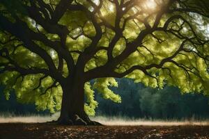 a large tree in the middle of a field. AI-Generated photo