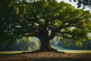 un grande árbol es mostrado en el medio de un campo. generado por ai foto