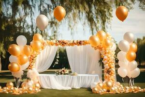 a wedding ceremony with gold balloons and white tablecloth. AI-Generated photo