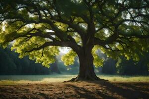 a large tree in the middle of a field. AI-Generated photo