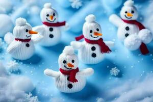 snowmen are made of knit wool and are arranged in a circle. AI-Generated photo