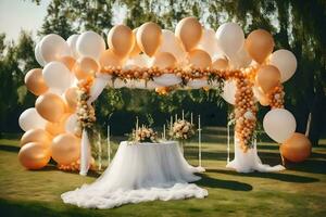 a wedding arch with balloons and white and gold balloons. AI-Generated photo