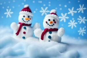 two snowmen are standing in the snow. AI-Generated photo