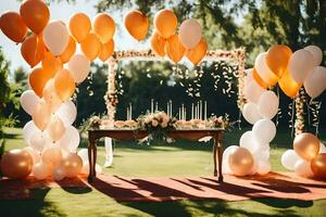 an outdoor wedding with orange and white balloons. AI-Generated photo