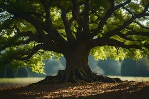 un grande árbol con raíces en el suelo. generado por ai foto