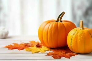 Decorative pumpkin background and dry autumn leaves on wooden arrangement indoors. Halloween concept by AI generated photo