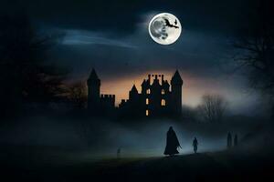 halloween night with a witch and a castle. AI-Generated photo