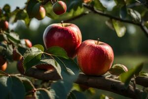 dos manzanas son en un árbol rama. generado por ai foto