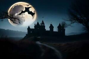 halloween castle with bats flying over it at night. AI-Generated photo