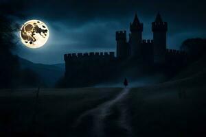 a castle in the dark with a full moon. AI-Generated photo