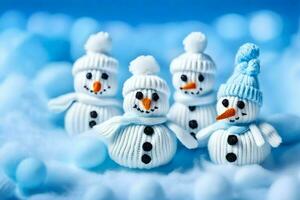 snowmen in knitted hats and scarves. AI-Generated photo