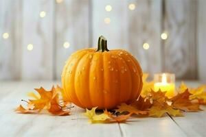 Decorative pumpkin background and dry autumn leaves on wooden arrangement indoors. Halloween concept by AI generated photo