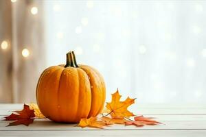 Decorative pumpkin background and dry autumn leaves on wooden arrangement indoors. Halloween concept by AI generated photo