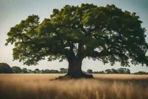 un roble árbol en un campo con alto césped. generado por ai foto