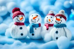 snowmen in knitted hats and scarves on a blue background. AI-Generated photo