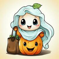 A funny ghosts on halloween celebration in a cemetery at night in cute cartoon style. Halloween by AI generated photo