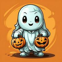 A funny ghosts on halloween celebration in a cemetery at night in cute cartoon style. Halloween by AI generated photo