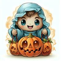 A funny ghosts on halloween celebration in a cemetery at night in cute cartoon style. Halloween by AI generated photo