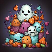 A funny ghosts on halloween celebration in a cemetery at night in cute cartoon style. Halloween by AI generated photo