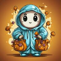 A funny ghosts on halloween celebration in a cemetery at night in cute cartoon style. Halloween by AI generated photo