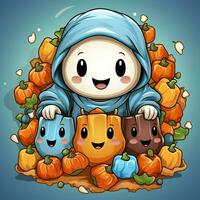 A funny ghosts on halloween celebration in a cemetery at night in cute cartoon style. Halloween by AI generated photo