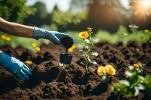 a person in gloves is planting flowers in the garden. AI-Generated photo