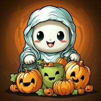 A funny ghosts on halloween celebration in a cemetery at night in cute cartoon style. Halloween by AI generated photo