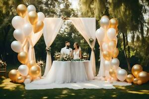 wedding couple in front of a white and gold balloon arch. AI-Generated photo