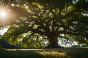 the sun shines through the branches of an old oak tree. AI-Generated photo