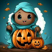 A funny ghosts on halloween celebration in a cemetery at night in cute cartoon style. Halloween by AI generated photo