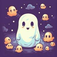 A funny ghosts on halloween celebration in a cemetery at night in cute cartoon style. Halloween by AI generated photo