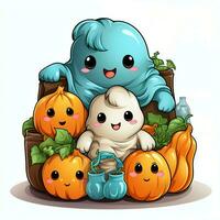 A funny ghosts on halloween celebration in a cemetery at night in cute cartoon style. Halloween by AI generated photo