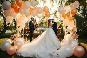 wedding couple under the arch of balloons. AI-Generated photo