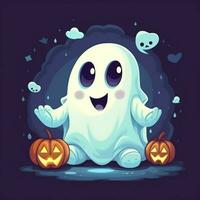 A funny ghosts on halloween celebration in a cemetery at night in cute cartoon style. Halloween by AI generated photo