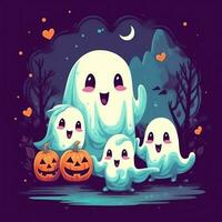 A funny ghosts on halloween celebration in a cemetery at night in cute cartoon style. Halloween by AI generated photo