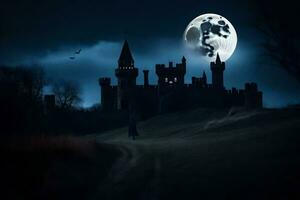 a castle in the dark with a full moon. AI-Generated photo