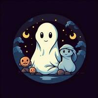 A funny ghosts on halloween celebration in a cemetery at night in cute cartoon style. Halloween by AI generated photo