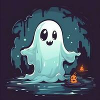 A funny ghosts on halloween celebration in a cemetery at night in cute cartoon style. Halloween by AI generated photo