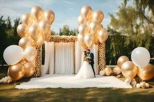 a bride and groom standing in front of a gold and white arch with balloons. AI-Generated photo